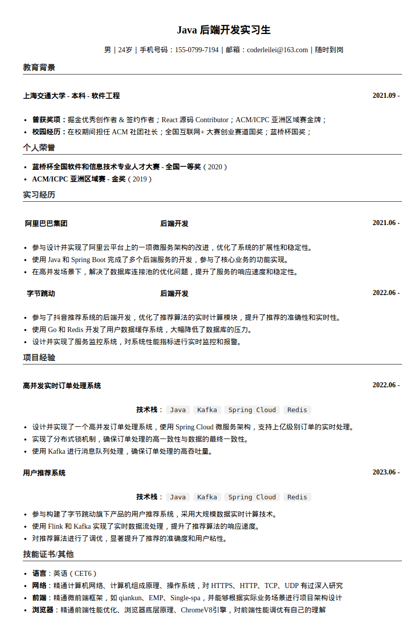 Java开发工程师简历模板预览图